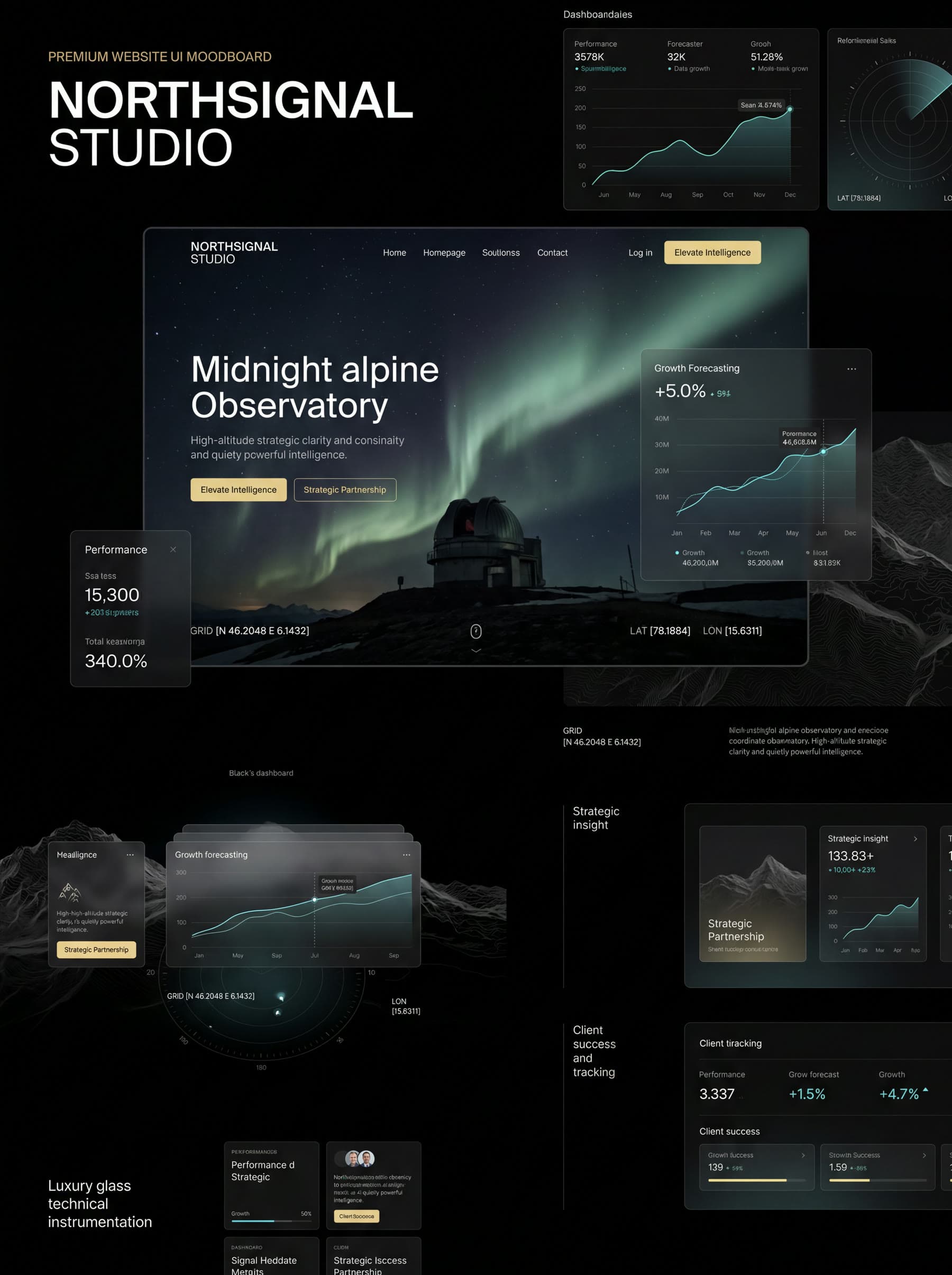 Dark North Signal interface moodboard with command panels and signal graphics.